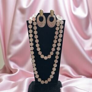 Rose Quartz Necklace Pierced Earrings Set Vintage Knotted Bead Pink Silver Tone